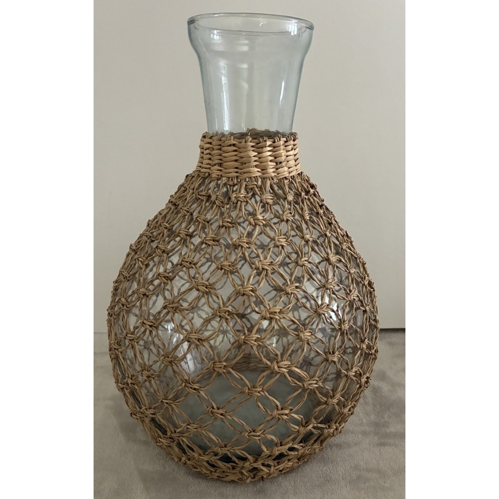 Wicker Wrapped Glass Vase 13x9" Boho Rustic Farmhouse - Picture 2 of 7